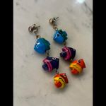 Handmade Vintage 80's Wooden Colorful Fish Dangle Earrings Blue Photo 2