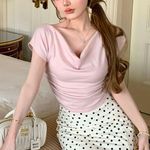 Pastel Pink Japanese Kawaii Summer Knitted Cowl Neck Blouse Shirt Top Photo 3