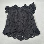 Embroidered Blouse Black Eyelet Cotton Ruffle Sleeve Button Down Top Small Photo 1