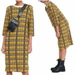 ZARA  Plaid Black Yellow Gold Dress Midi 3/4 Sleeve Size Medium Photo 0
