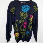 Catalina  Vintage Navy Blue Floral Knit Crewneck Sweater Women's Size Large L Photo 0