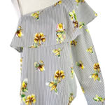 Lumière Floral Striped One Shoulder Long Sleeve Shirt Grey Multi Size S White Photo 0