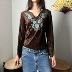 y2k boho brown velvet floral v neck flutter flare sleeve long sleeve top by mkm Photo 1