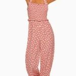 Candie's  Smocked Sleeveless Polka Dot Halter Tie Jumpsuit Large Pink White New Photo 0