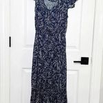 Lucky Brand Size XS V-Neck Midi Dress Drawstring Waist Ditsy Floral Blue White Photo 0