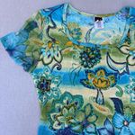 Vintage Y2K Forbidden Floral Fairy Whimsical Blue Green Mesh Short Sleeve Top Size L Photo 2