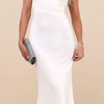 Lulus NWT  Extraordinary Glam White Feather Strapless Mermaid Maxi Dress Bride L Photo 0