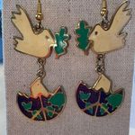 VTG EDGAR BEREBI WORLD PEACE DOVES Enameled Gold Cream Green Bird Earrings Photo 0