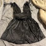 SheIn  MOD Solid Deep V Neck Knotted Shoulder Ruched Satin Black Dress Size M Photo 1