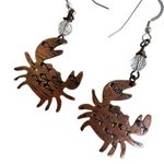 Handmade Copper Crab Earrings with Etched Fish & Crystal Beads Photo 9