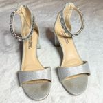 Badgley Mischka  Silver Glitter Rhinestone Embellished  Ankle Strap Block Heels Photo 5