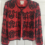 Stenay Womens Small Red Silk Black Beaded Bolero Jacket Holiday Event Glam Photo 0