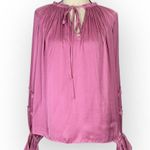 Ramy Brook  Maty Blouse Women's Small Pink Satin Tie Neck Long Sleeve Pleats Photo 2