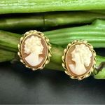 Vintage Signed 14K Gold Dainty Victorian Lady Cameo Tiny Stud Earrings 2g. Orange Photo 0