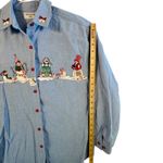 Vtg Christmas Snowman Shirt Chambray Denim Holiday Button Down Top S Festive‎ Blue Photo 5