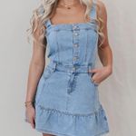 Boutique Medium Wash Denim Squareneck Button Up Ruffle Hem Mini Dress w/ Pockets Photo 0