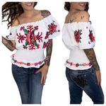 Mexican Embroidered Peasant Blouse Floral Ethnic Authentic White Smocked Top S/M Size undefined Photo 1