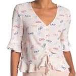 Elodie  Cream Peplum Bell Sleeve Eyeglasses Motif Blouse Size L Photo 1
