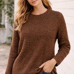 Old Navy  Women's Brown Speckled Knit Crew Neck Sweater Medium Preppy Casual Photo 0