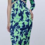 ZARA Green Asymmetric Jacquard V-Neck Dress Size M Spaghetti Strap One Sleeve Photo 0