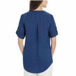 Ellen Tracy 100% Linen Navy Blue Tunic Top Roll Tab Sleeve V-Neck Size Medium Photo 2