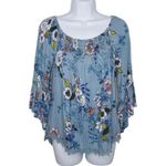 LUQ Stitch Fix Womens Blue Floral Scoop Neck Lace Trim Bell Sleeve Blouse Small Photo 1