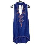 Free People  New Romantics Size Medium‎ Blue Embroidered Tassel Tunic Sleeveless Photo 1