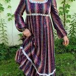 Vintage 70s flannel Gunne style prairie dress Moody Paisley Stripe Blue Size M Photo 0