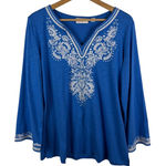 Belle Kim Gravel Blue Embroidered Tunic Top Medium Coastal Boho Soft Stretch Photo 0