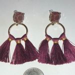 Boho Burgundy Maroon Tassel Fringe Dangling Gold Tone Earrings Photo 1