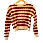 LNA Clothing Striped Cable Knit Cropped Sweater Burgundy Cream Extra Small Photo 0