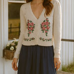 Vintage floral embroidered embellished pearl sweater cardigan‎ small cottagecore White Photo 1