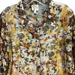 Fig And Flower Sheer Tunic Blouse XL Brown Yellow Floral Button Down Boho Photo 2