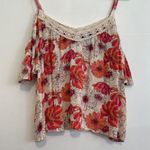 Forever 21 Cream Beige Pink Orange Floral Crochet Lace Cold Shoulder Crop Top M Photo 2