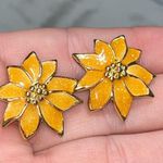 Vintage Enamel Flower Earrings, Yellow and Gold Glitter Floral Orange Photo 6