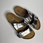 Birkenstock  Arizona Metallic Leather Soft Footbed Sandals in Silver Photo 5