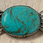 Large Vintage Native American Style Silver Turquoise Brooch Signed OG Green Photo 3