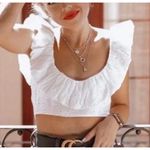 ZARA | White Eyelet Ruffle Neck Smocked Back Crop Top | Size Small Photo 1