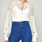 BCBGMAXAZRIA Lurex Metallic Stripe Split Neck Ruffle Blouse White Silver Gold L Photo 5