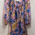 Floral Smocked Square Neck Puff Sleeve Mini Dress Pink Blue Yellow Size L Photo 0