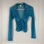 Urban Outfitters Blue Sheer Y2K Mesh Ruched Hook-Front Long Sleeve Stretch Top L Photo 6