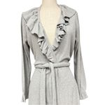 Chaser  Ruffle Trim Belted Cardigan Medium Gray Ribbed Knit Longline Open Front Photo 3