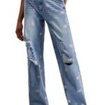 Tinseltown  Light Blue Floral Distressed Wide Leg Jeans Flower Peace Size 7 Jrs Photo 0