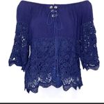 Navy Blue Lace Tassel Lace Up Off The Shoulder Top Small Photo 3