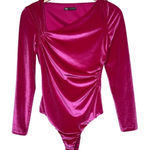 ZARA  Hot Pink Velvet Bodysuit Size Small Asymmetrical Neckline Long Sleeves Bold Photo 0