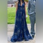 Windsor Womens Royal Blue V-neck Glitter Hi-cut Slit Prom Dress Photo 8