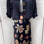 Vintage Platinum Satin Floral Maxi Skirt Crop Jacket Top Set Blue Multi Medium Photo 0