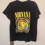 Nirvana  Band T Shirt Womens large Black Smiley Face Kurt Cobain Photo 0