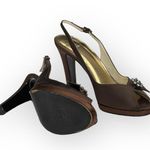 Stuart Weitzman ❤︎ Metallic Silk Peep Toe Slingback Heeled Sandals ❤︎ Chocolate Photo 10