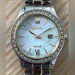 Seiko Solar Ladies Watch Swarovski Crystals Two-Tone Bracelet Pearl Dial Date Photo 0